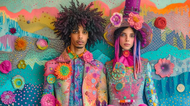 two people standing together with colorful outfits in the style of surrealistic assemblages