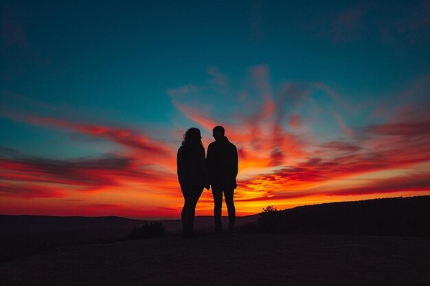 Foto due persone in piedi in cima a una collina al tramonto