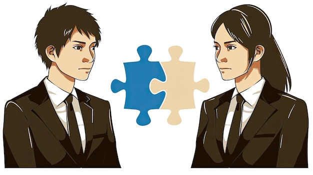Two people in suits are sitting next to each other and looking at a puzzle