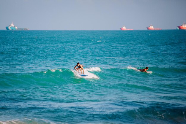 Two people surfing on sea waves photo