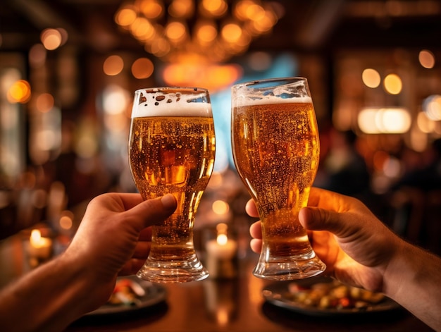 Two people toasting with beer glasses in a restaurant generative ai