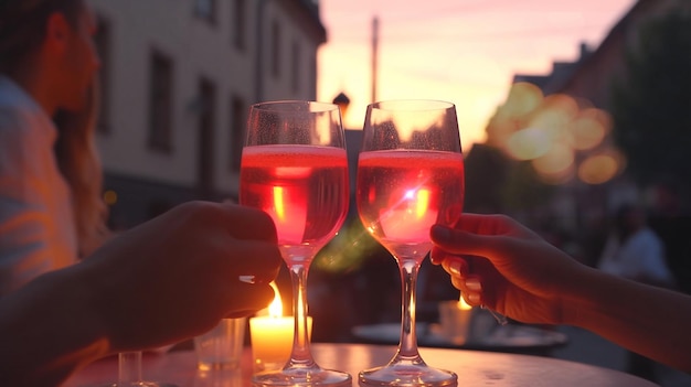 Photo two people toasting with champagne glasses in front of a sunset