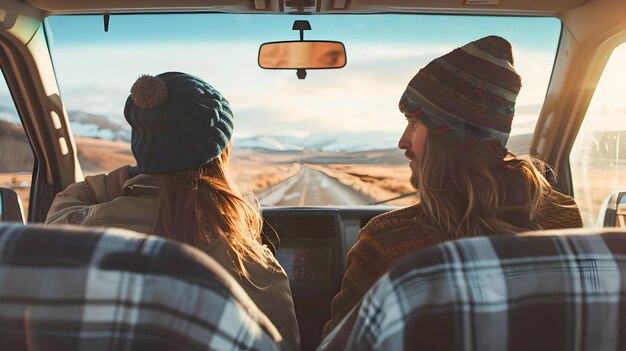 Two People Traveling in a Van through Desert Landscape