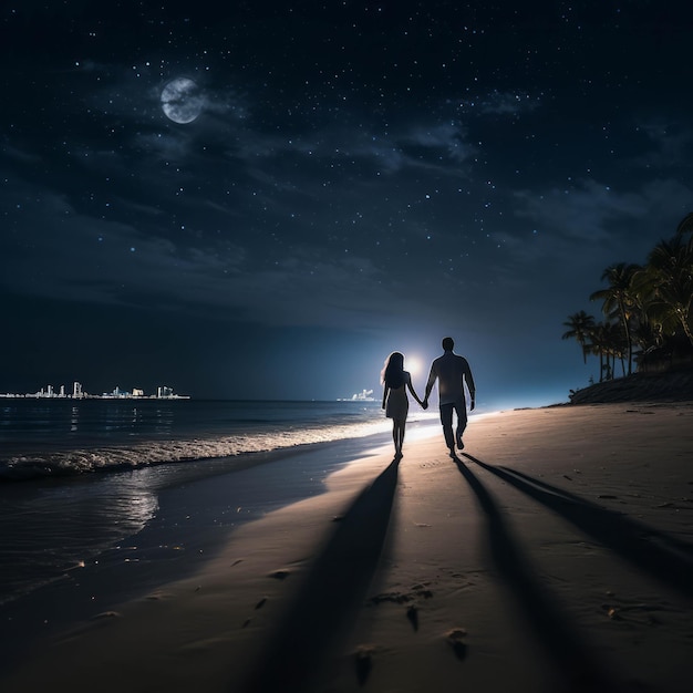 Two people walk hand in hand on the beach at night under the moonlight