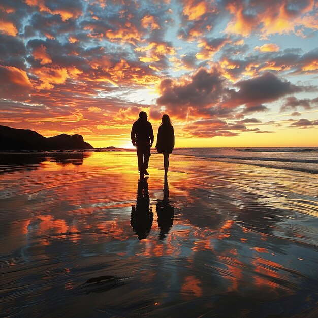 two people walking on a beach with a sunset in the background