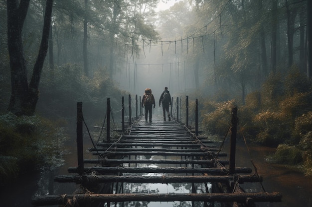 Two people walking on a bridge in the forest