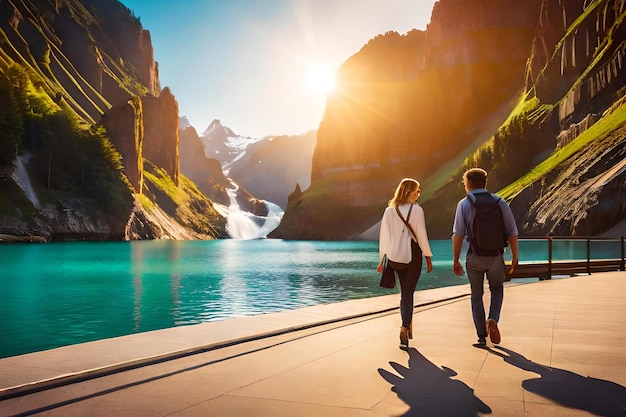 Two people walking by a lake with mountains in the background