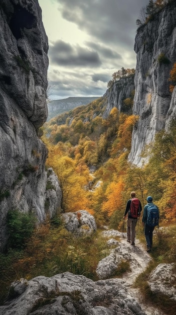 Two people walking in a canyon with a yellow tree in the background