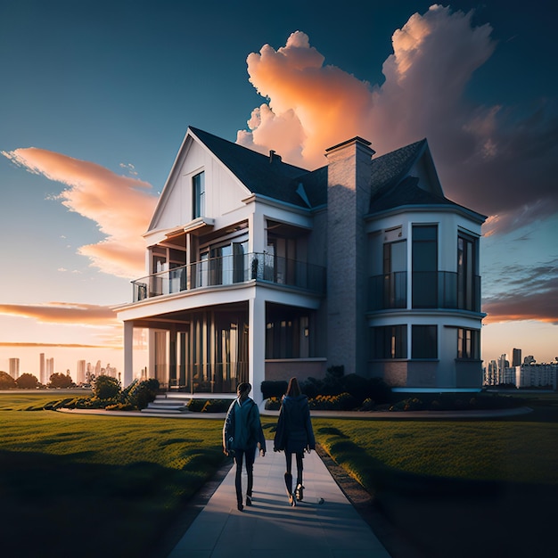 Photo two people walking down a sidewalk in front of a house with a sunset behind them.