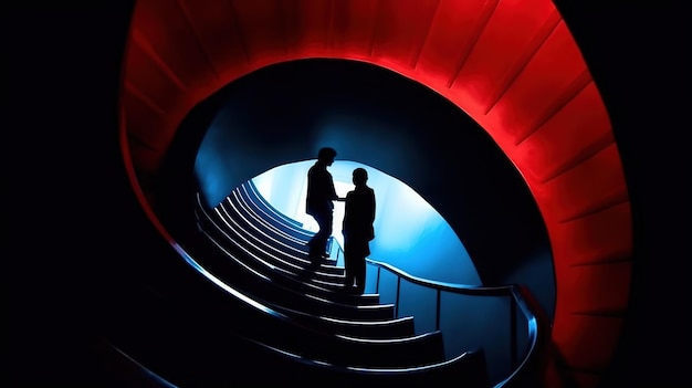 Two people walking down a spiral staircase with a red light behind them.
