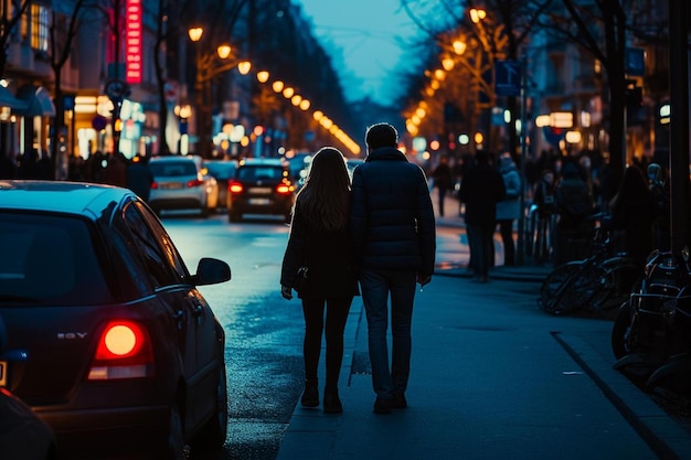 Foto due persone che camminano per una strada di notte