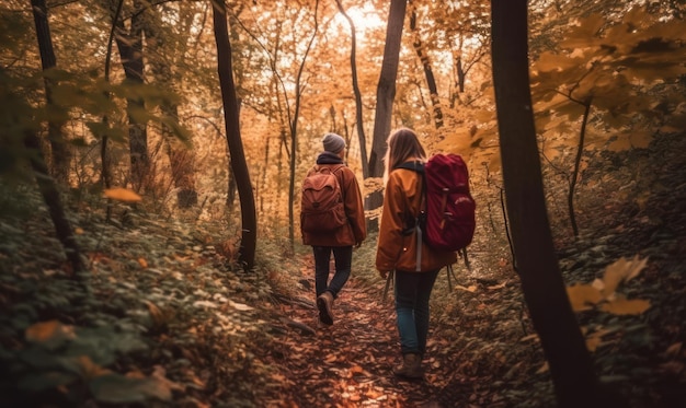 Two people walking in a forest with a yellow background