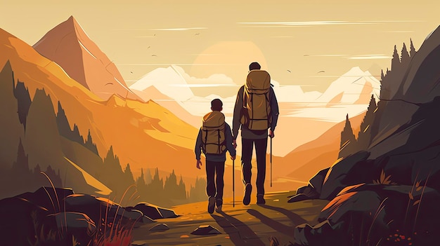 하단에 'mountain'이라는 글자와 함께 산속을 걷는 두 사람