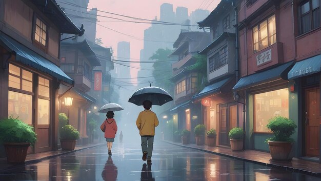 雨の中で傘をかぶって雨の中を歩いている2人の人