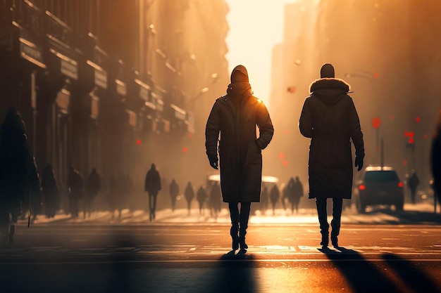 Two people walking on a street in the city