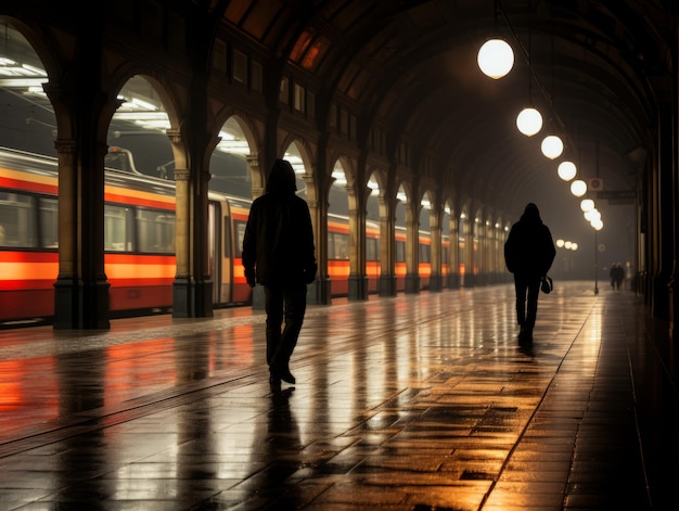 two people walking in a train station at night