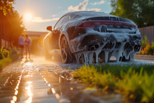 Two people washing a black sports car in the driveway of their home in the suburbs at sunset