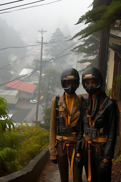 two people wearing helmets and standing on a ledge