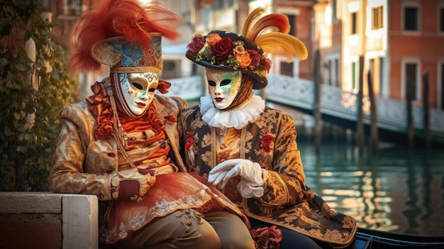 two people wearing masks that are on a boat