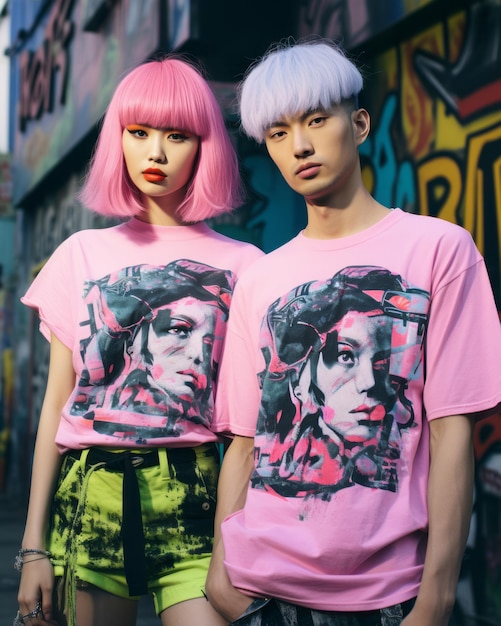 写真 2人の人がピンクのtシャツを着てグラフィティアートを描いています