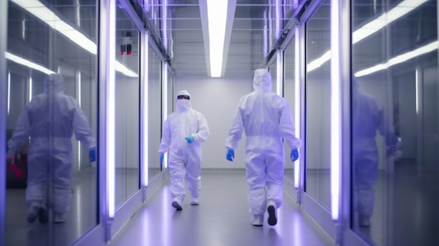 Two people wearing protective suits walk through a lab with a blue light behind them.