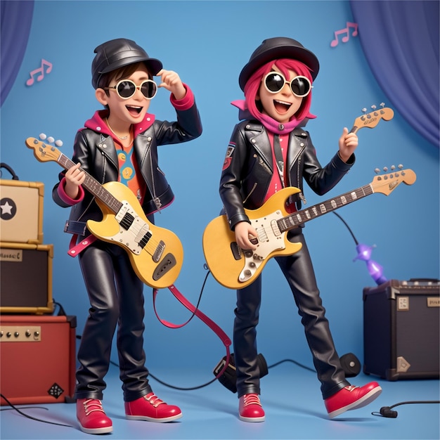 two people wearing sunglasses and a guitar and a guitar with the word " pop " on it.