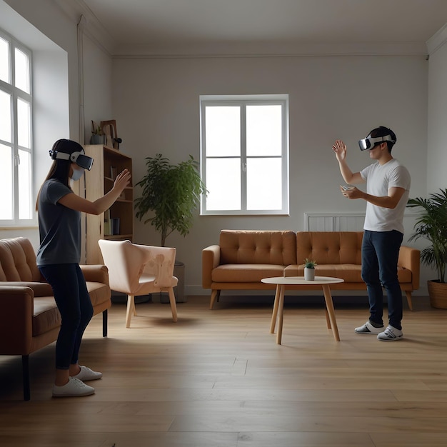 Фото Два человека в очках виртуальной реальности один в белой рубашке и другой в 3d-очках