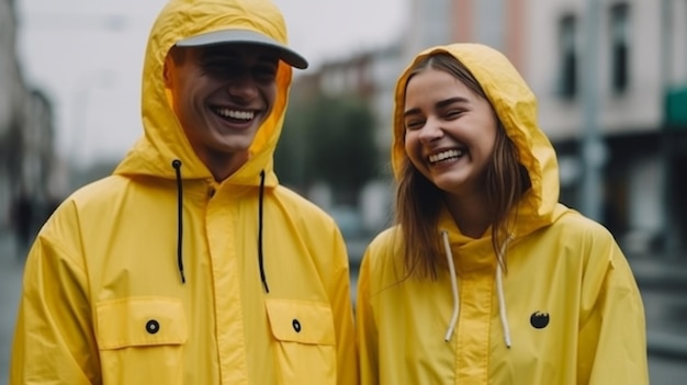 Two people wearing yellow raincoats and one wearing a hat that says'raincoats '