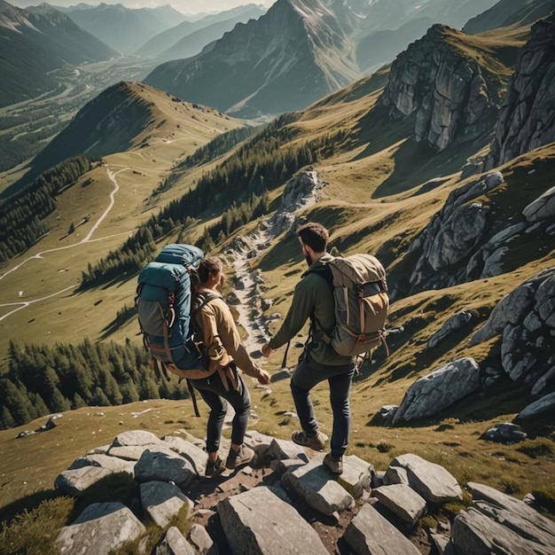 Foto two people with backpacks on a mountain top