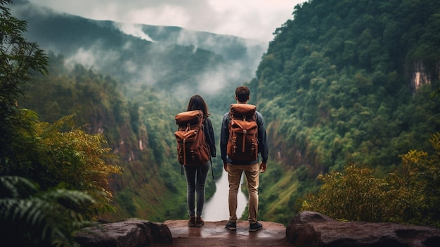 Два человека с рюкзаками стоят на скале с видом на реку
