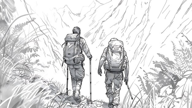 two people with backpacks walking in the grass