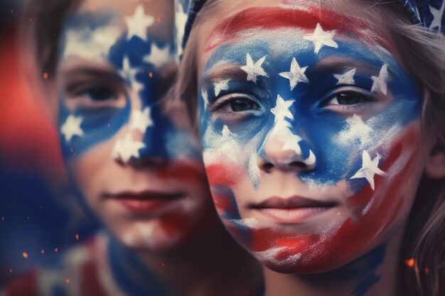 Photo two people with faces painted with the same colors