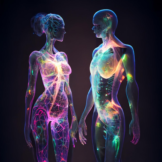 Two people with glowing body art standing next to each other generative ai