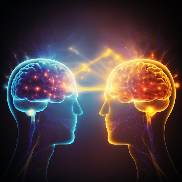 Two people with glowing brain and brain connections generative ai