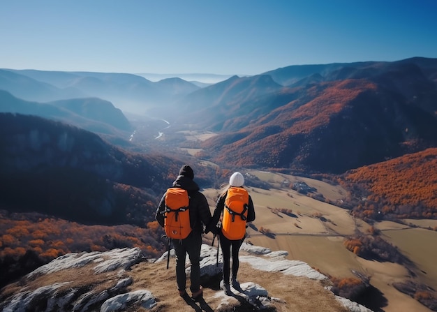 Two people with hiking travel backpack