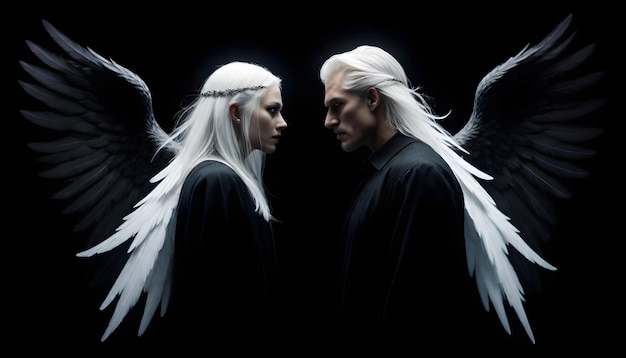 Photo two people with white hair and white hair are in a dark room