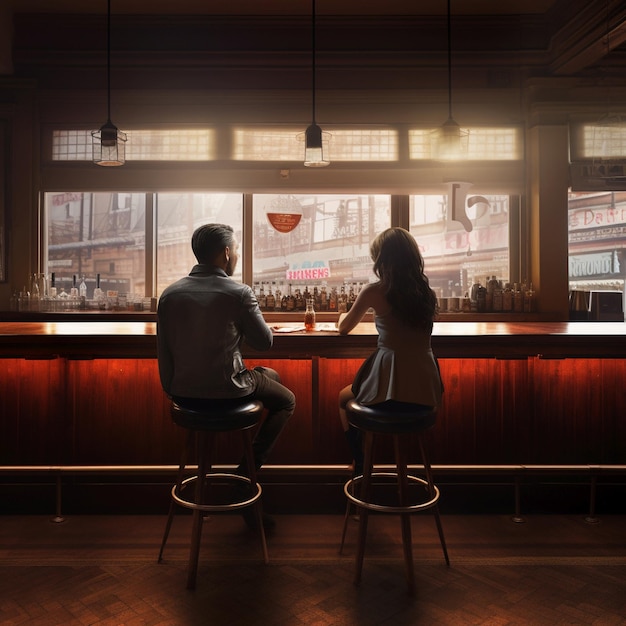 Photo two people a woman and a man sitting at a bar