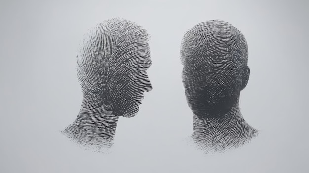 写真 灰色 の 背景 に 描か れ て いる 二 人 の 頭