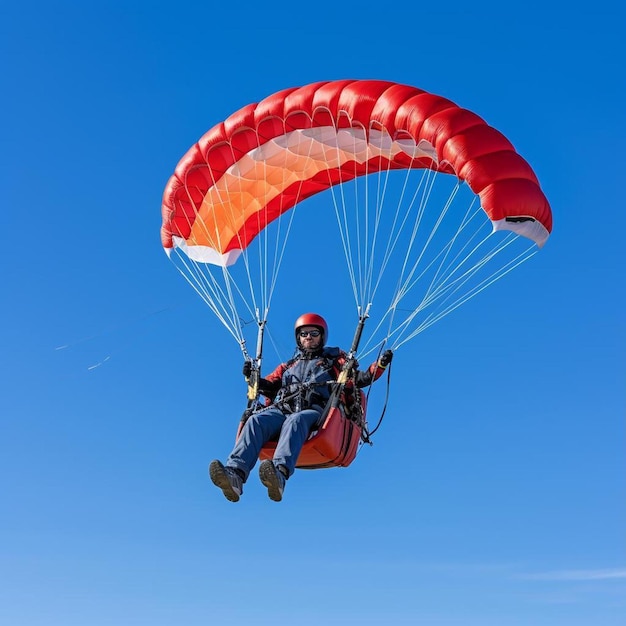 Two person powered paraglider with wide red parachute flying in the air in bright blue sky