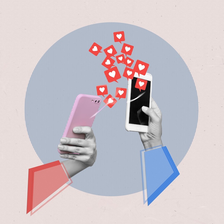 Photo two persons holding a phone with a heart symbol on the screen contemporary art modern design