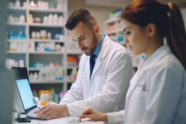 Foto due farmacisti che lavorano in farmacia farmacisti maschi e femmine che controllano l'inventario dei farmaci a