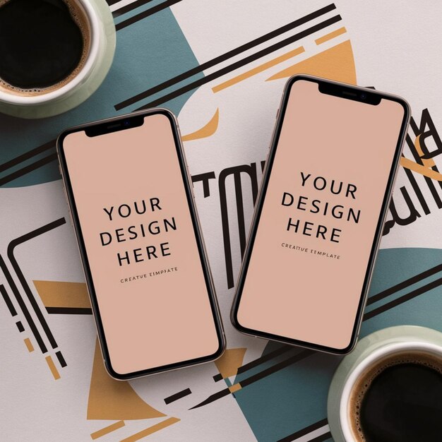 Photo two phones are on a table one says your design