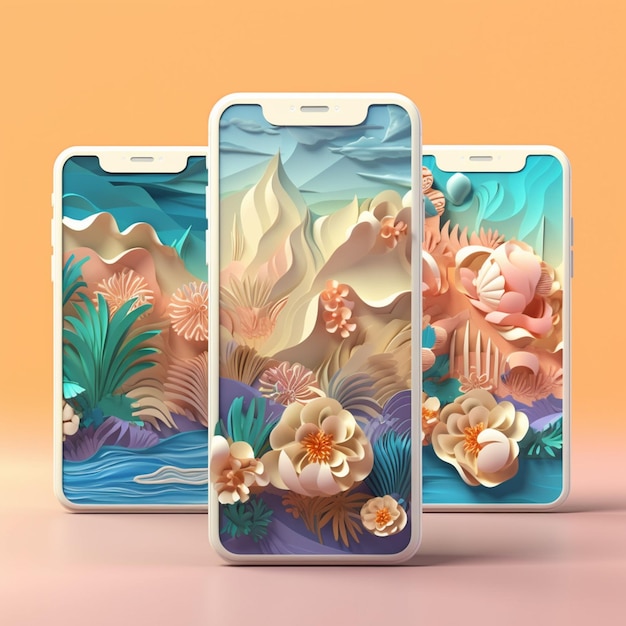 Two phones with a tropical theme are shown on a pink background generative ai