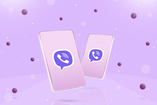 사진 3d 주변 화면과 공에 viber 로고 아이콘이 있는 두 개의 전화기