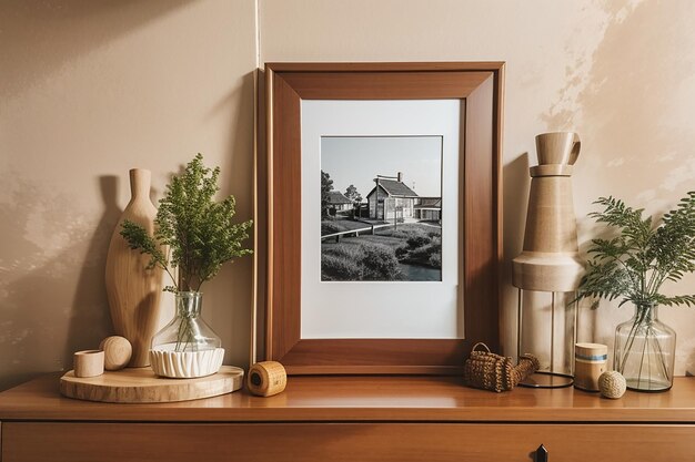 Two picture frames on a wooden sideboard