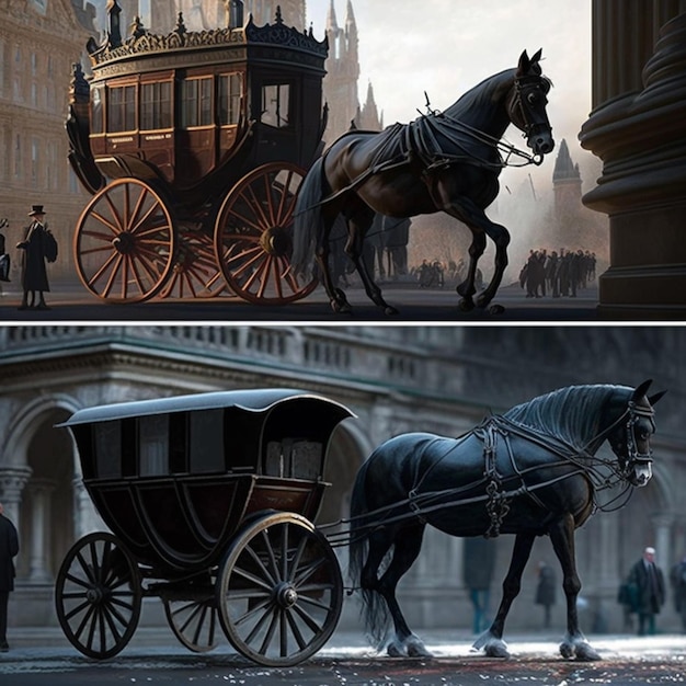 Two pictures of a horse and carriage, one of which is a horse and the other a carriage.