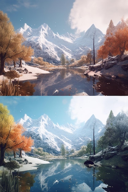 Two pictures of a mountain with snow on the top and the bottom one is a mountain.