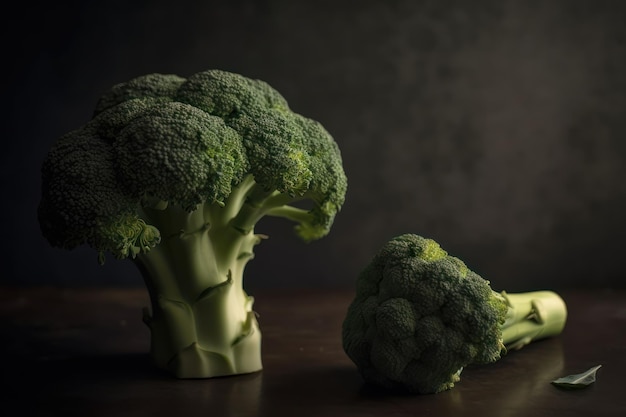 Two pieces of broccoli are on a table and one is next to the other.