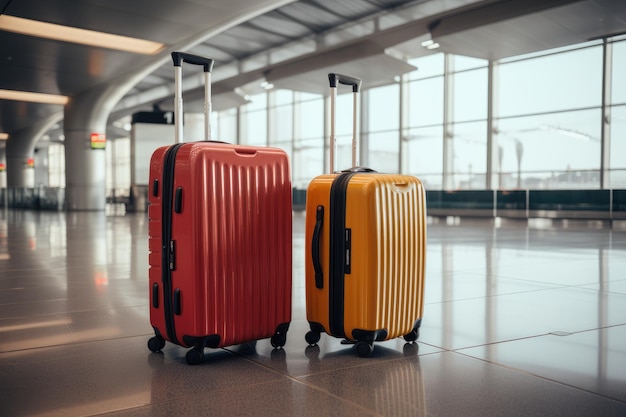 Two pieces of luggage sitting side by side on the floor of an airport terminal Two suitcases in an empty airport hall traveler cases in the departure airport AI Generated