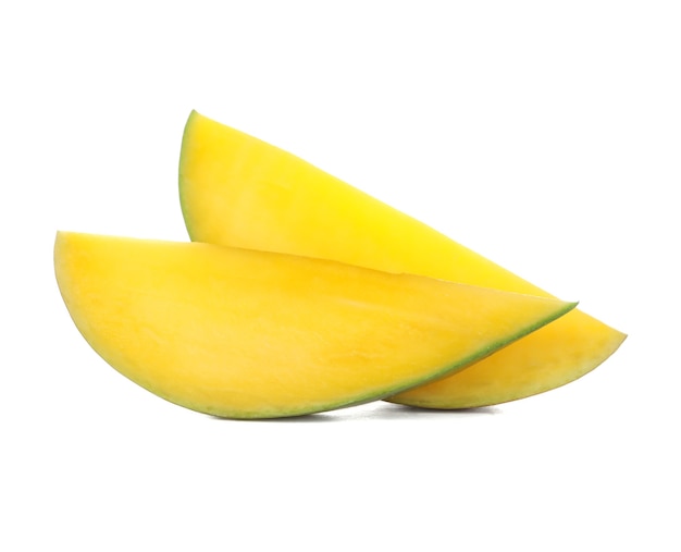 Two pieces of mango isolated on white background, close up